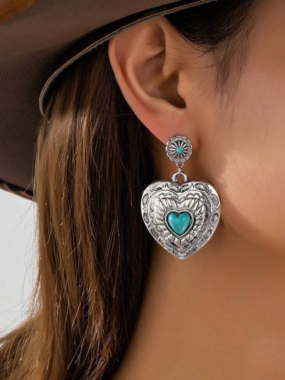 Silver Heart Drop Earrings with Faux Turquoise Center - Women’s Jewelry